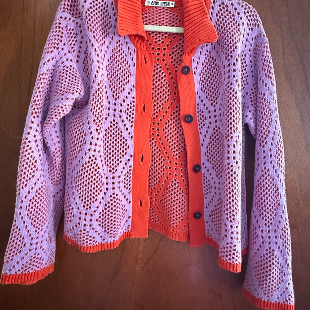 Ciao Lucia Piero Crochet Knit Cardigan in Lilac and Poppy